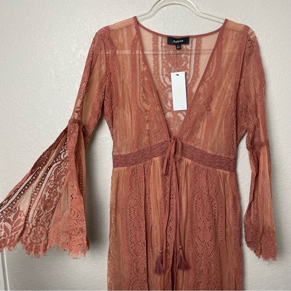 BNWT! Aakaa Rust Lace Maxi Dress with Tie Front Size L - Runs Small